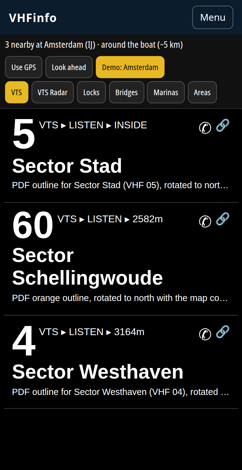 Nearby VHF page on a phone: Demo Amsterdam selected, with huge channel numbers for Sector Stad and Schellingwoude